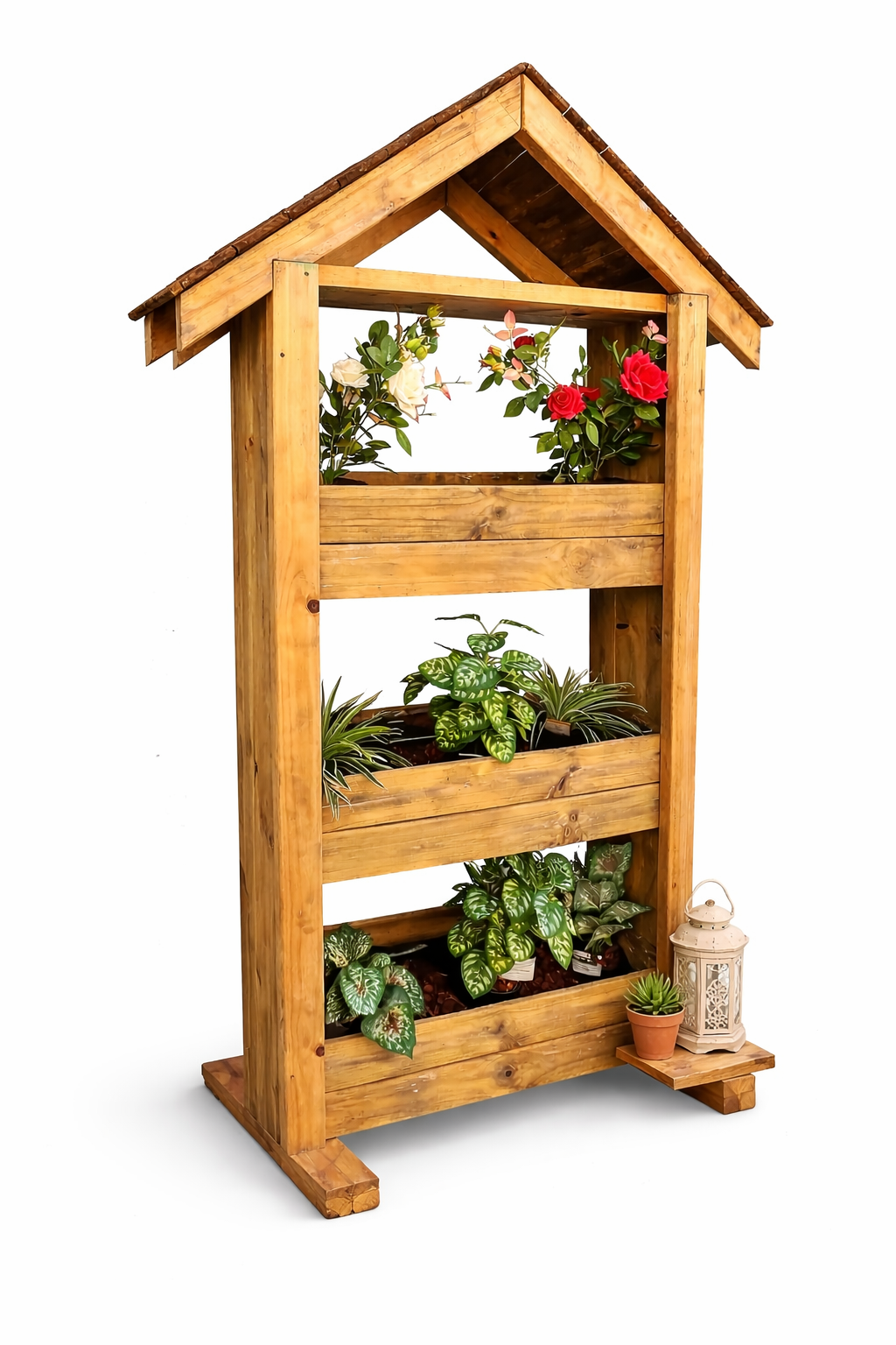 Three Teired Wooden Planter With Roof