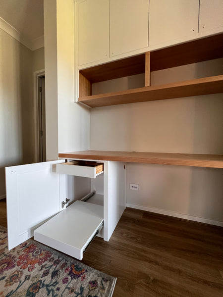 Built In Desks/Oak Top/Shelves