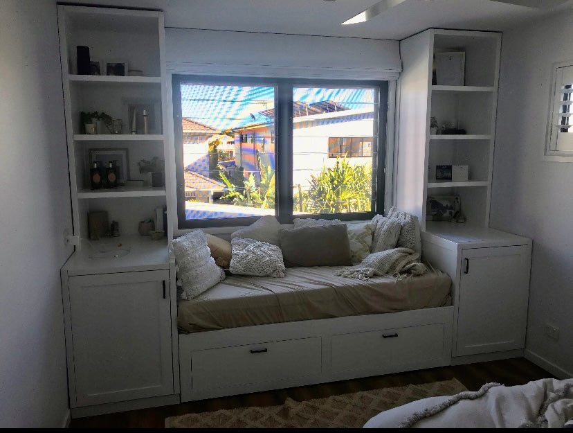 Custom daybed with side shelving units